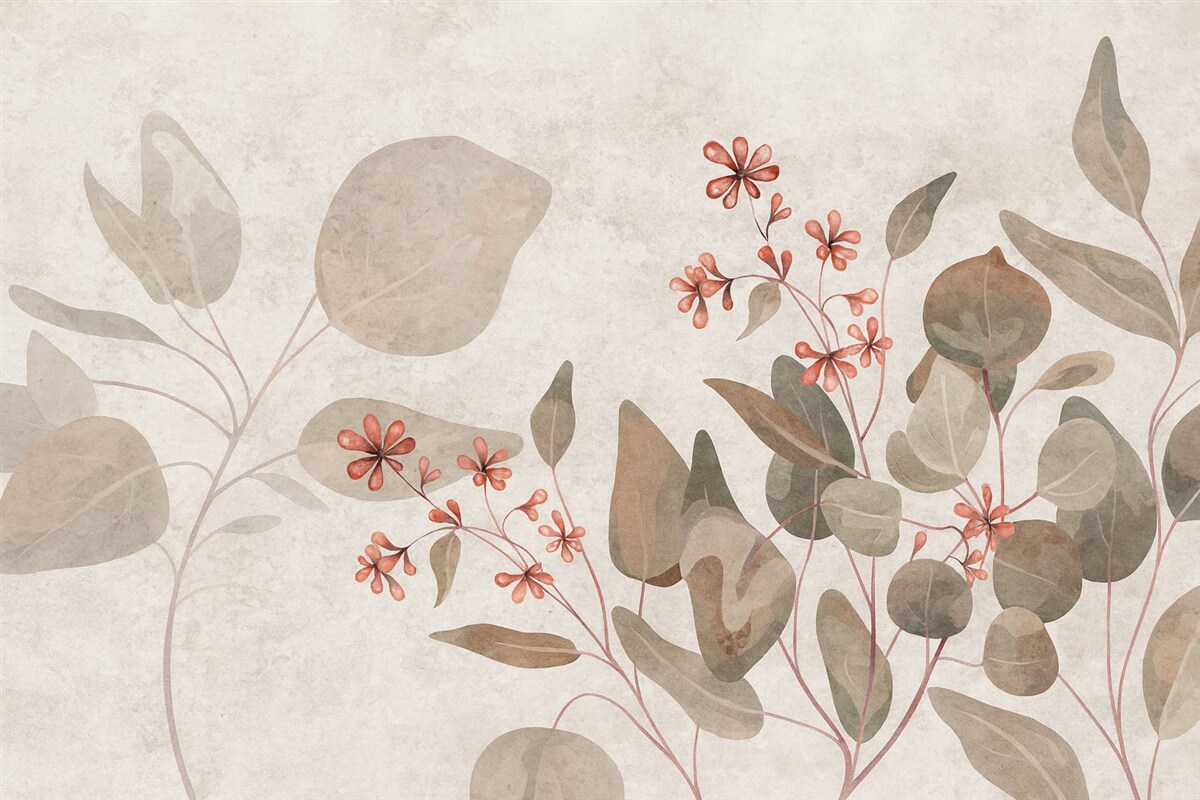 Fototapeta liście i kwiaty na szarej przestrzeni