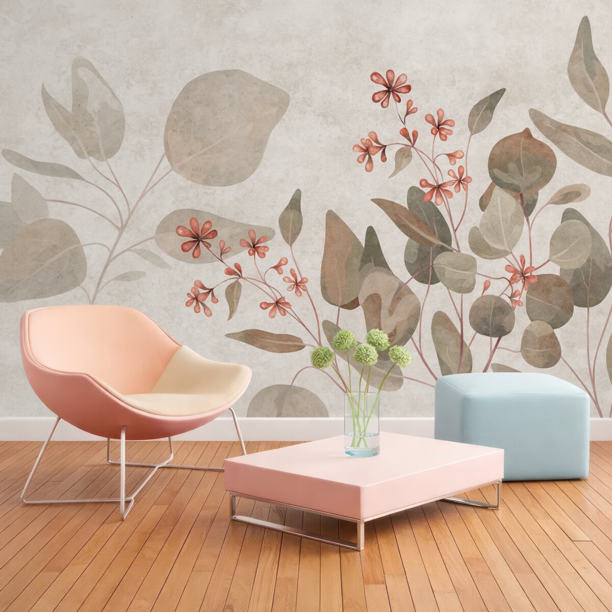 Fototapeta liście i kwiaty na szarej przestrzeni