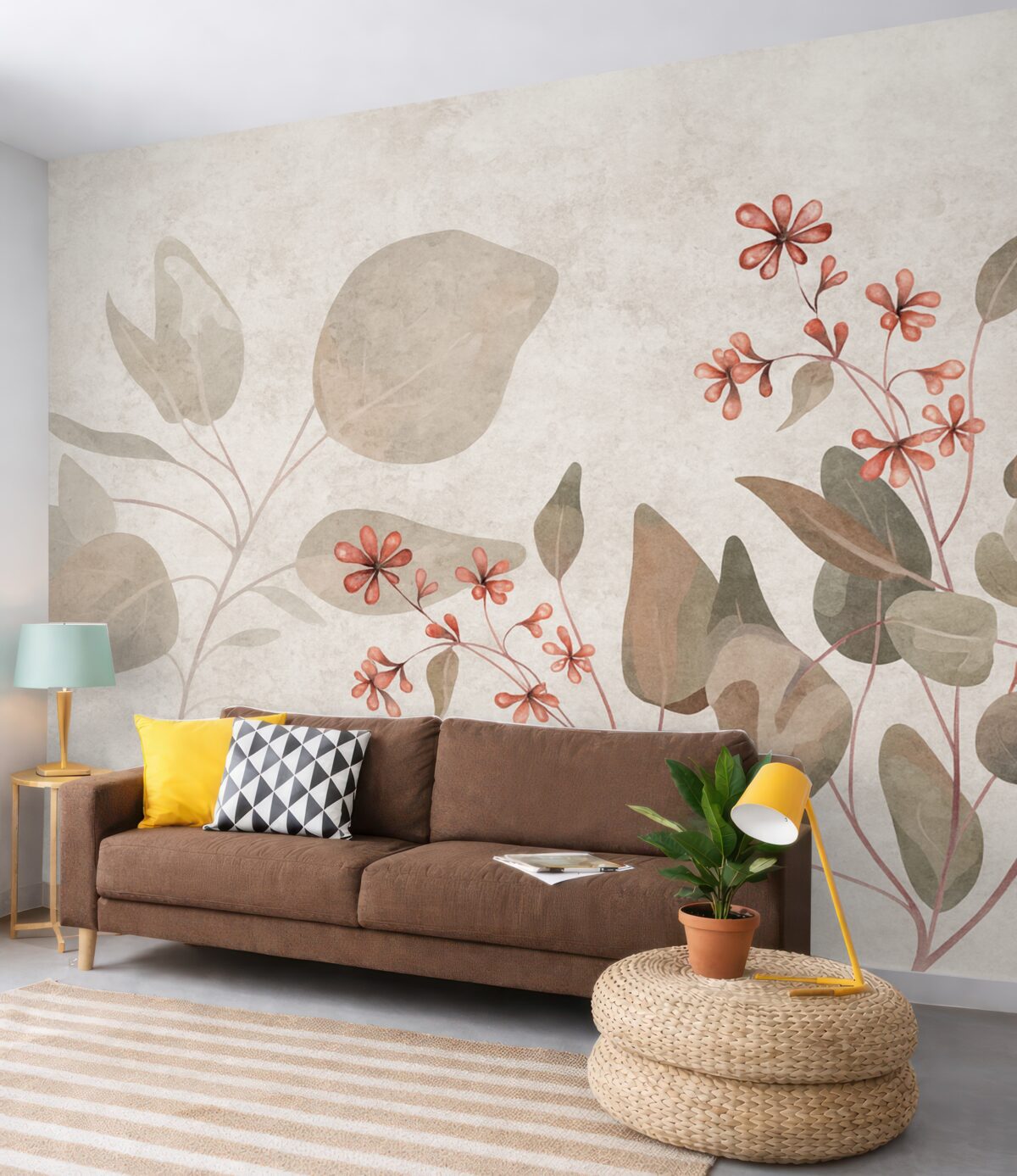 Fototapeta liście i kwiaty na szarej przestrzeni