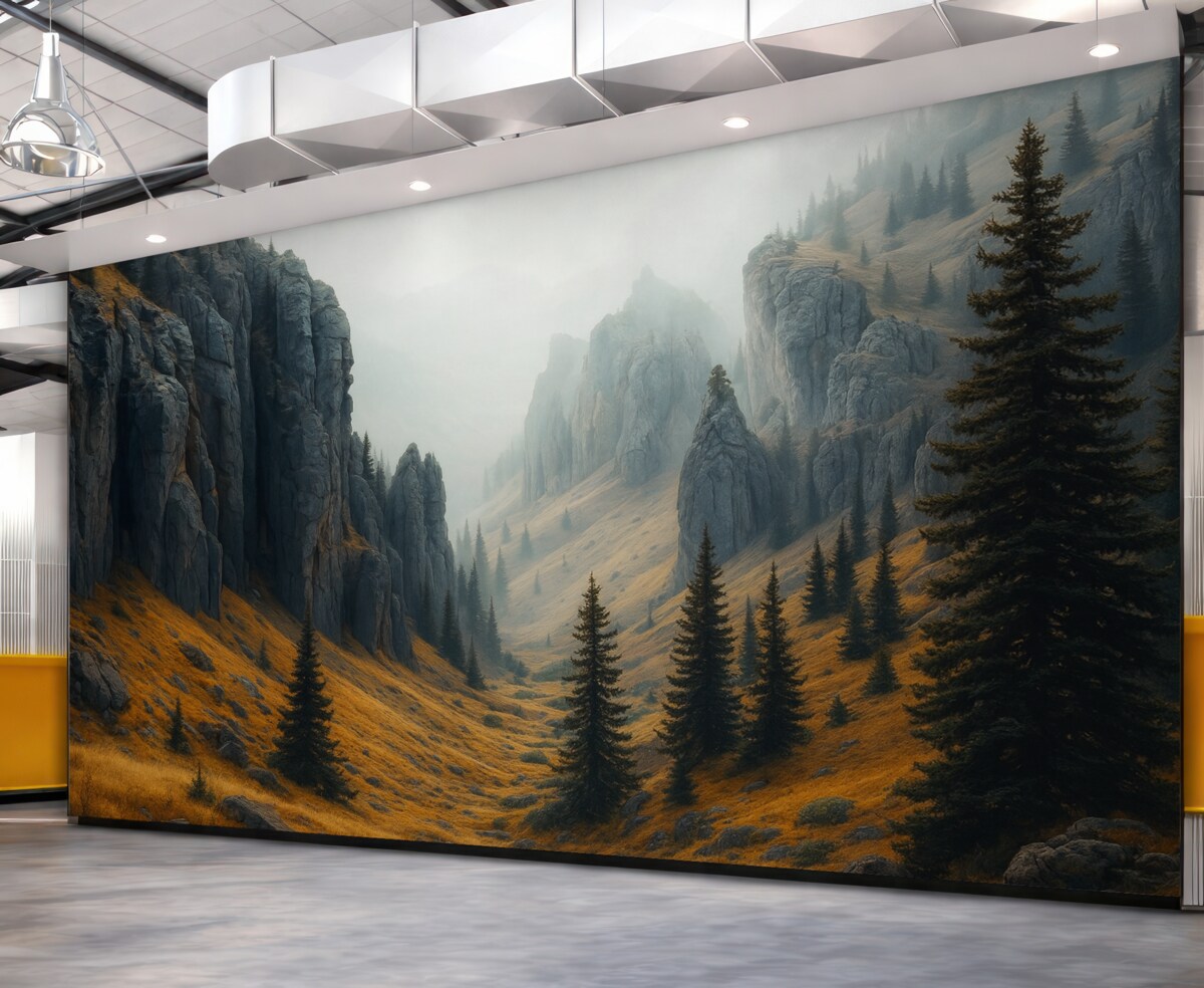 Fototapeta Mistyczny pejzaż z górami i jodłami.