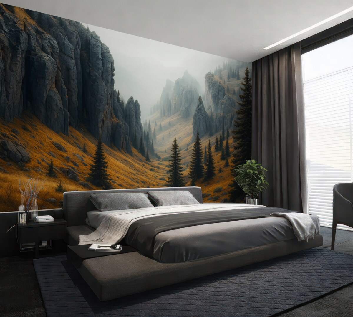 Fototapeta Mistyczny pejzaż z górami i jodłami.