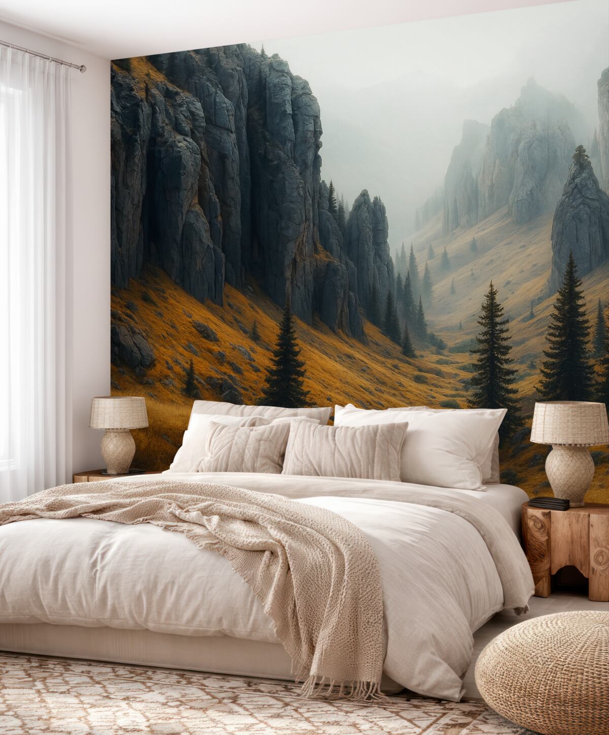 Fototapeta Mistyczny pejzaż z górami i jodłami.