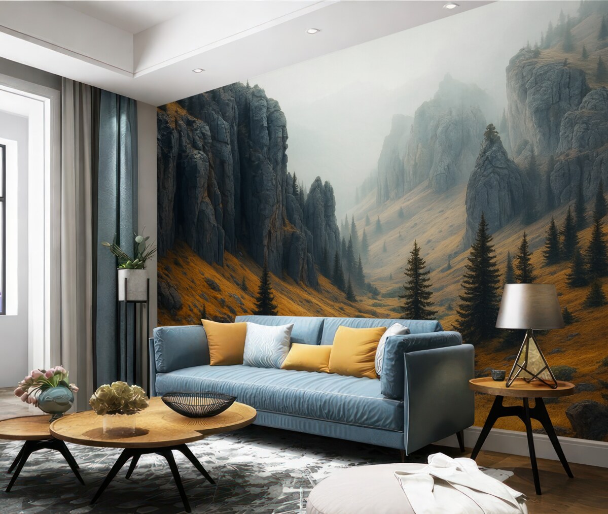 Fototapeta Mistyczny pejzaż z górami i jodłami.