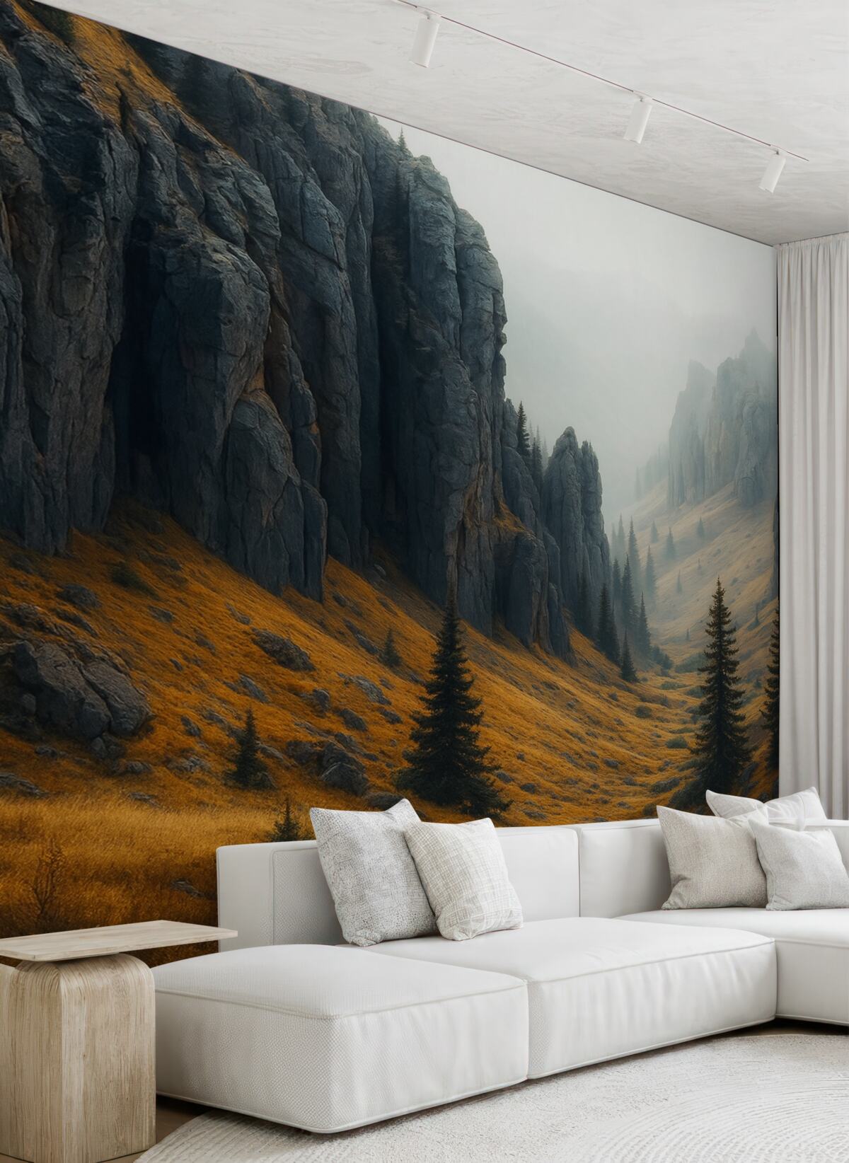 Fototapeta Mistyczny pejzaż z górami i jodłami.