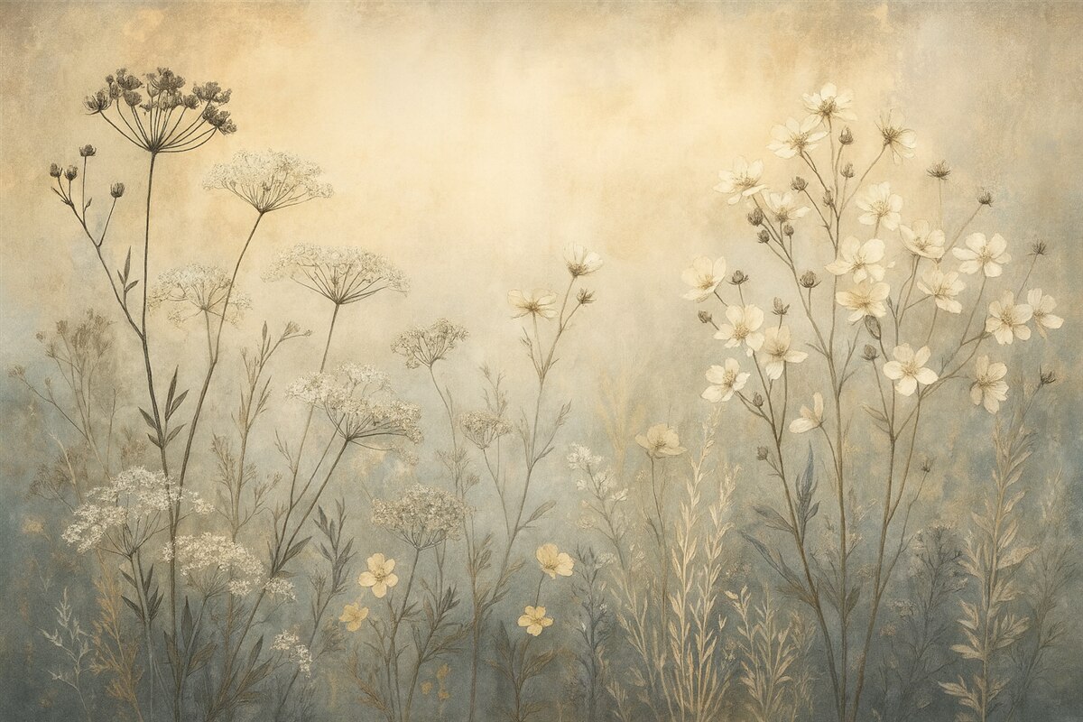 Fototapeta Tapeta w stylu ekologicznej z dzikimi kwiatami oraz roślinami na strukturalnym tle.