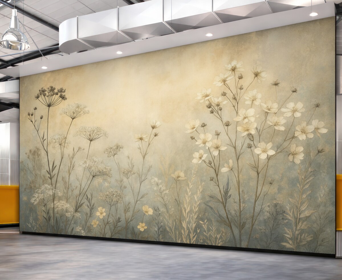 Fototapeta Tapeta w stylu ekologicznej z dzikimi kwiatami oraz roślinami na strukturalnym tle.