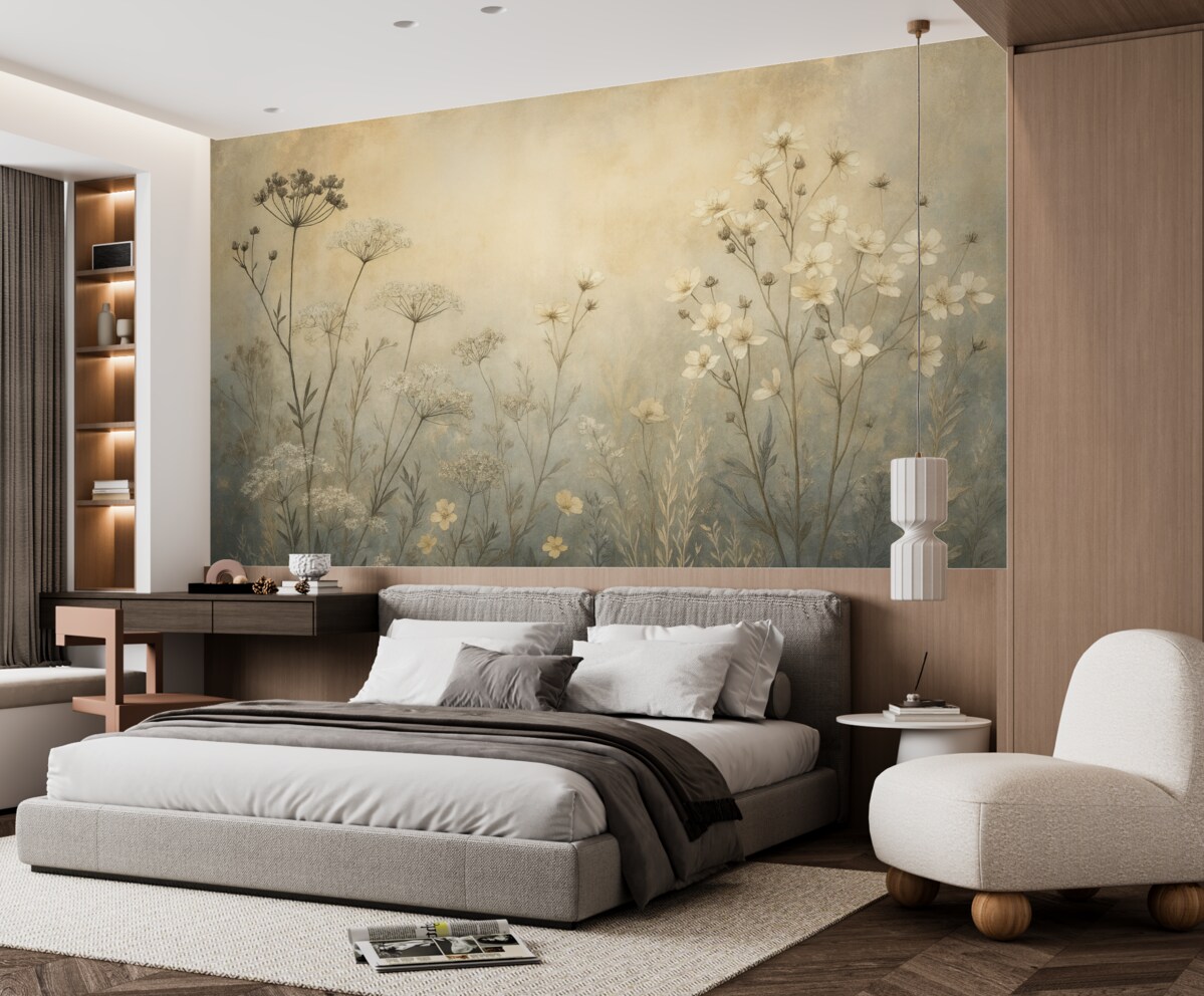 Fototapeta Tapeta w stylu ekologicznej z dzikimi kwiatami oraz roślinami na strukturalnym tle.