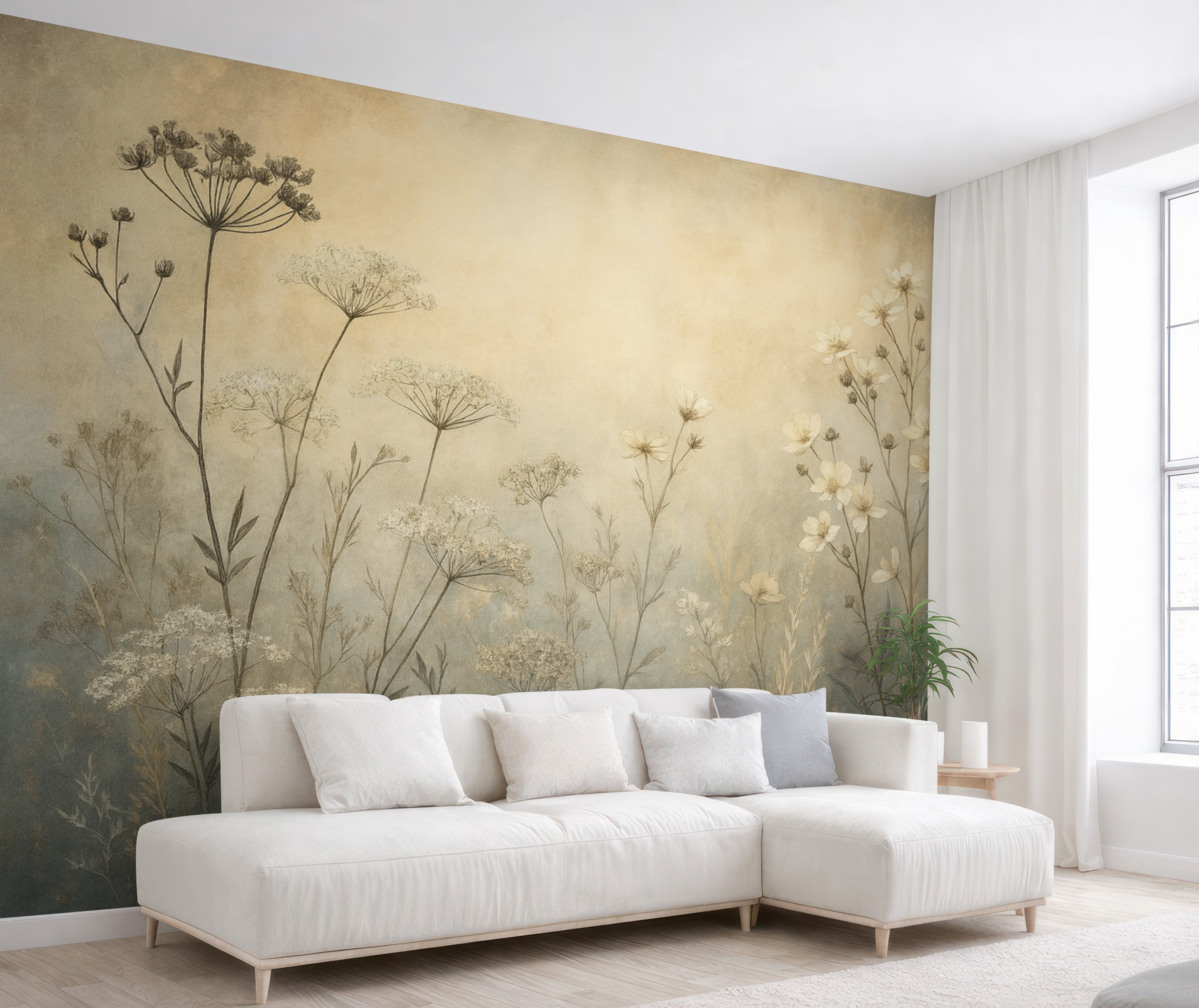 Fototapeta Tapeta w stylu ekologicznej z dzikimi kwiatami oraz roślinami na strukturalnym tle.