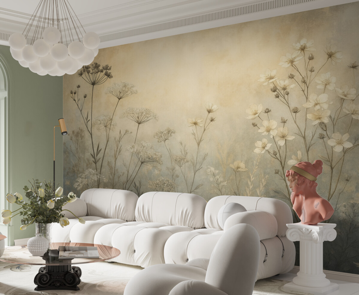 Fototapeta Tapeta w stylu ekologicznej z dzikimi kwiatami oraz roślinami na strukturalnym tle.