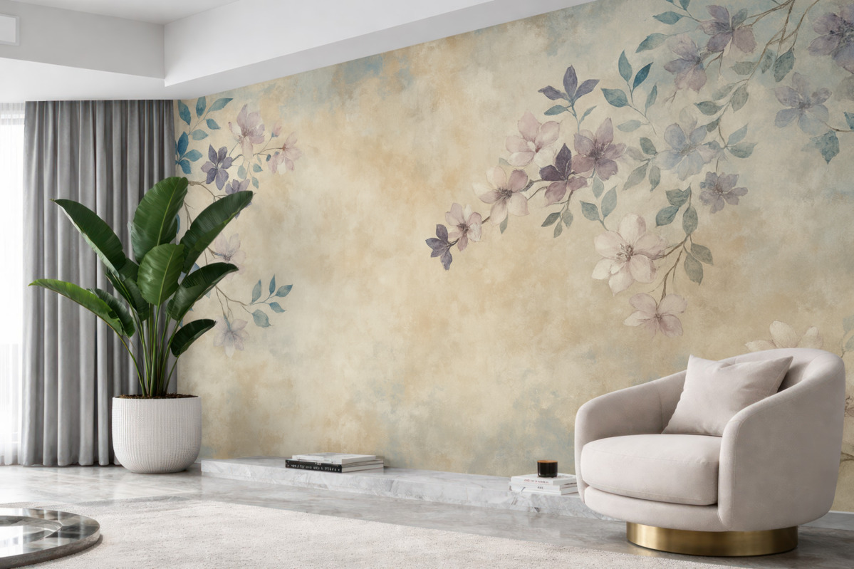 Fototapeta Tapeta w stylu vintage z gałęziami i roślinami.