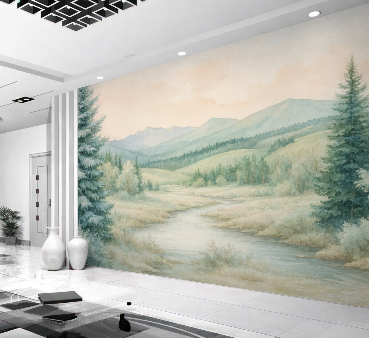 Fototapeta Krajobraz w stylu akwarelowym z jodłami.