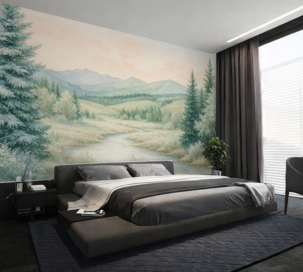 Fototapeta Krajobraz w stylu akwarelowym z jodłami.