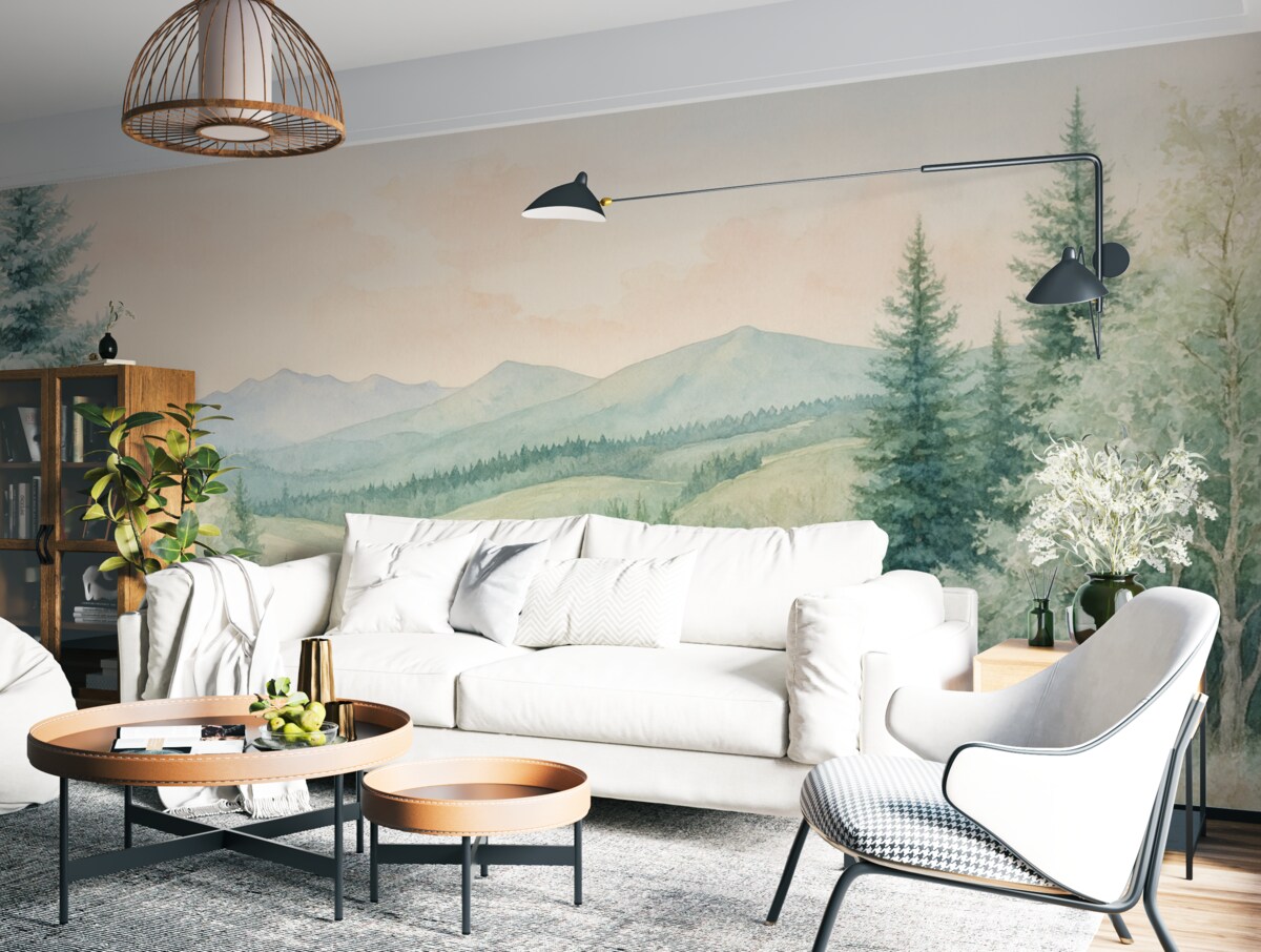 Fototapeta Krajobraz w stylu akwarelowym z jodłami.