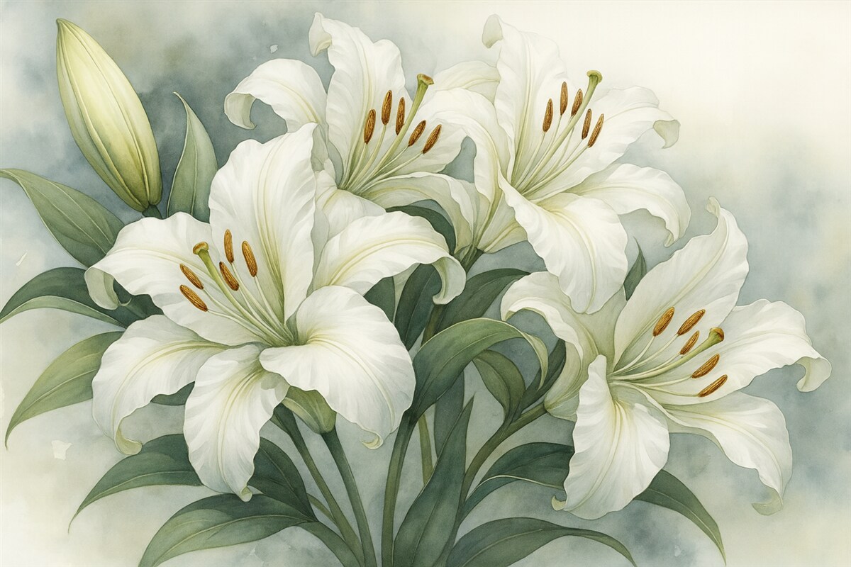 Fototapeta Białe lilie nawiązujące do stylu akwareli.