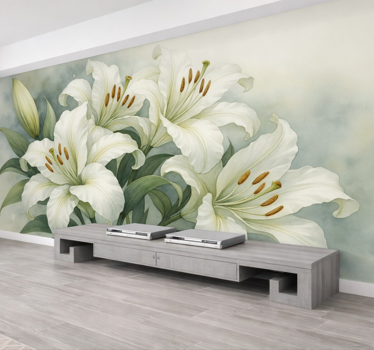 Fototapeta Białe lilie nawiązujące do stylu akwareli.