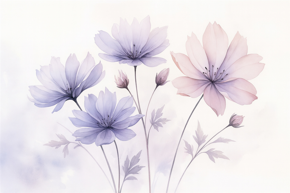 Fototapeta Subtelne fioletowo-różowe kwiaty przypominające akwarelę.