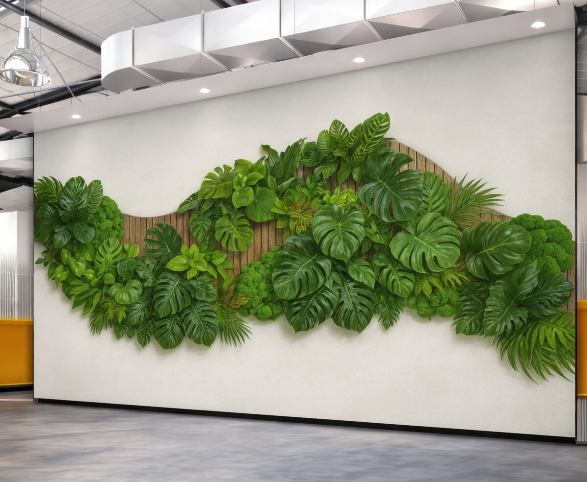 Fototapeta Panel z kwiatami, palmowymi liśćmi, mchem oraz drewnianym tłem.