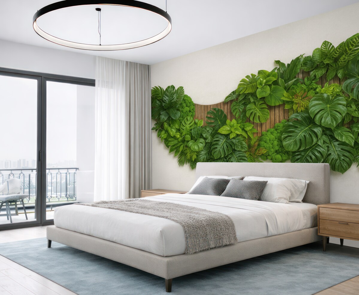 Fototapeta Panel z kwiatami, palmowymi liśćmi, mchem oraz drewnianym tłem.