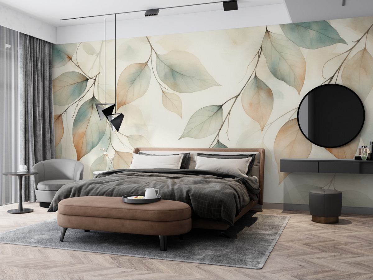 Fototapeta Abstrakcyjne konary z liśćmi w stylu akwarelowym.