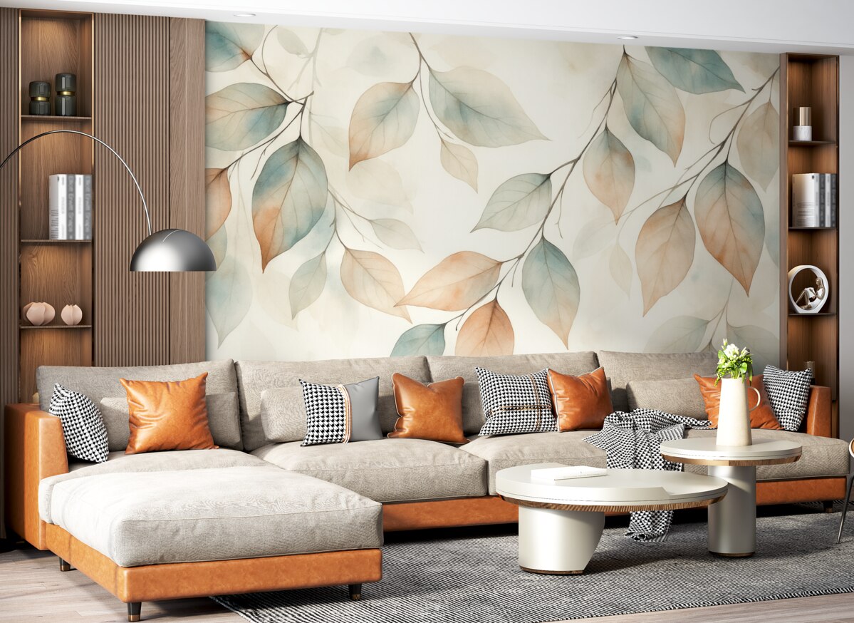 Fototapeta Abstrakcyjne konary z liśćmi w stylu akwarelowym.