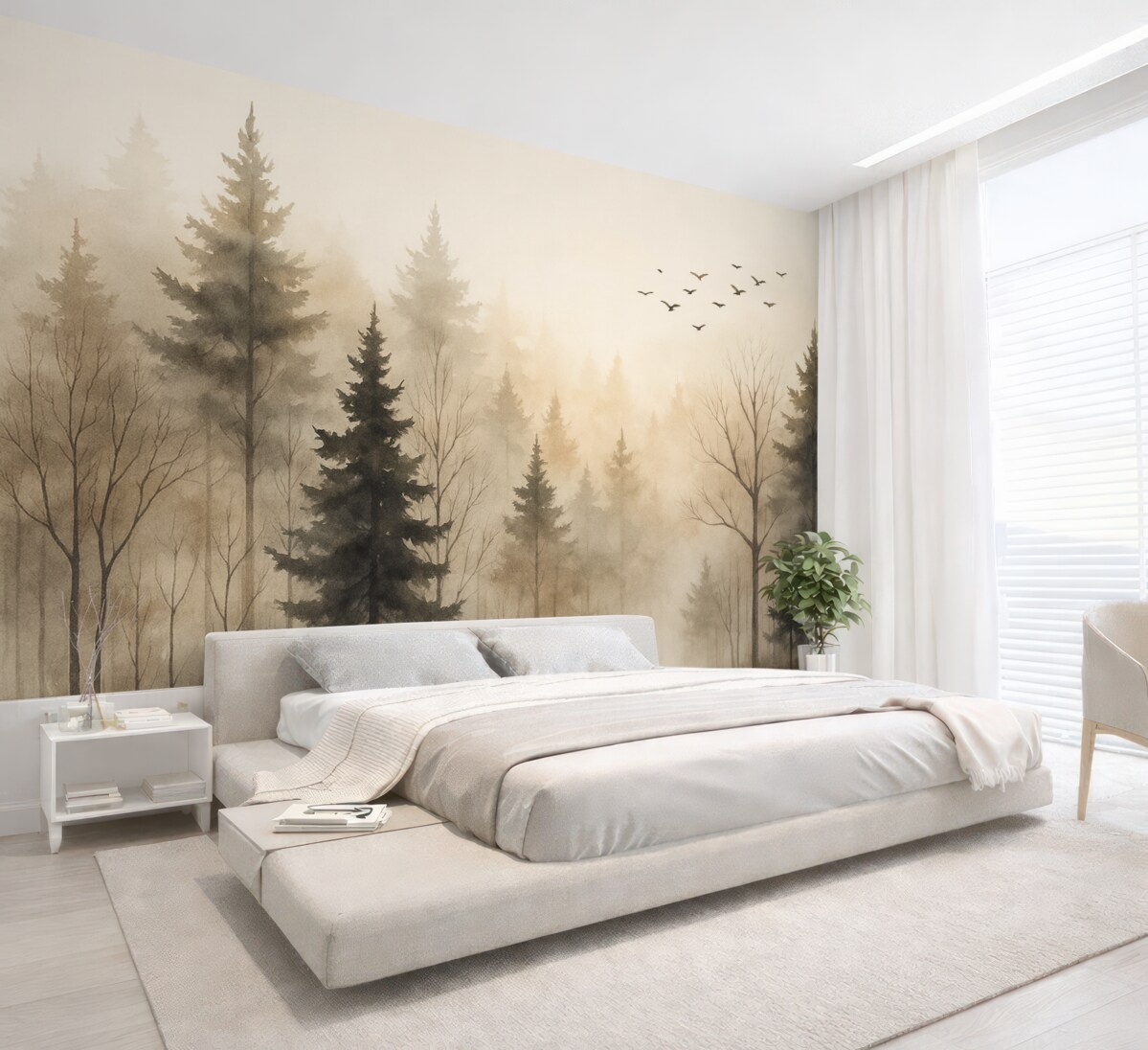 Fototapeta Sylwetki jodeł oraz drzew przypominające wilgotną akwarelę.