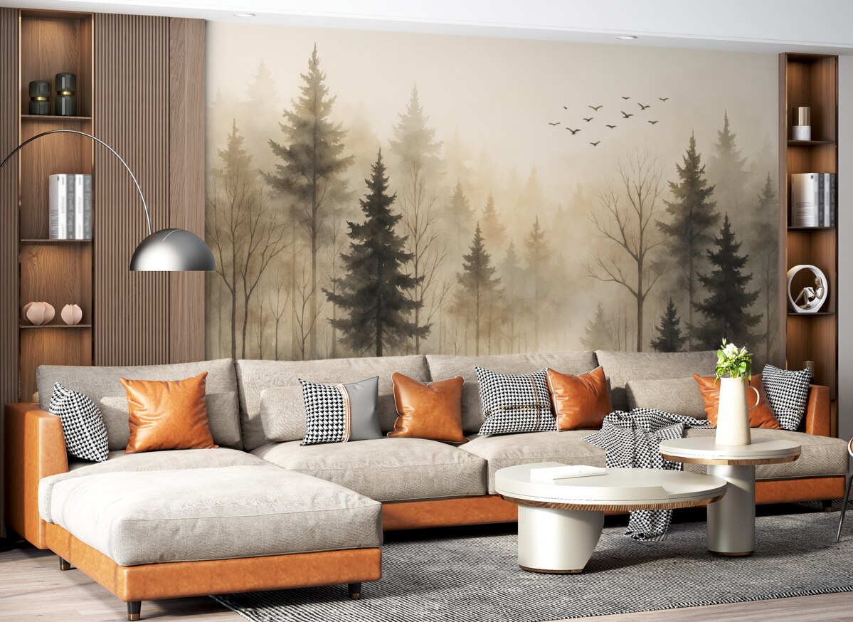 Fototapeta Sylwetki jodeł oraz drzew przypominające wilgotną akwarelę.