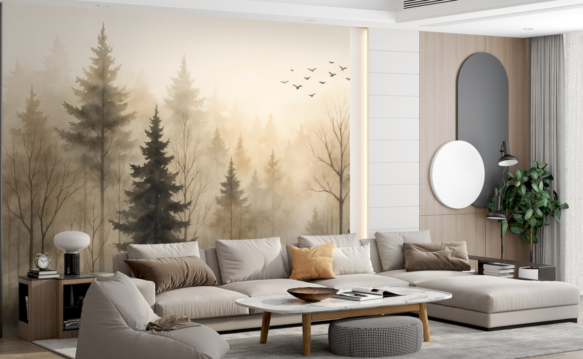 Fototapeta Sylwetki jodeł oraz drzew przypominające wilgotną akwarelę.