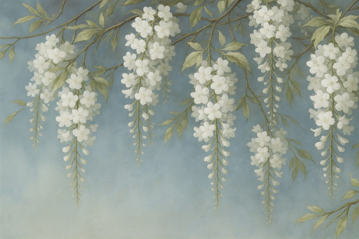 Fototapeta Biała akacja na niebieskim widoku obrazu.