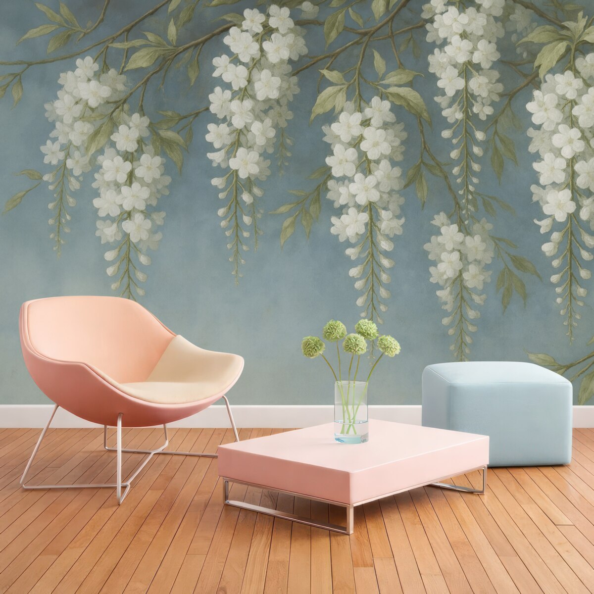 Fototapeta Biała akacja na niebieskim widoku obrazu.