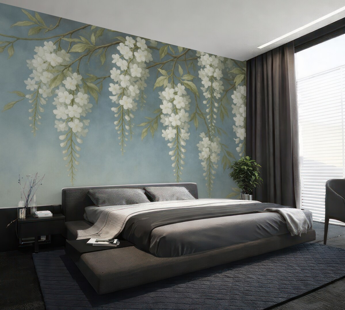 Fototapeta Biała akacja na niebieskim widoku obrazu.