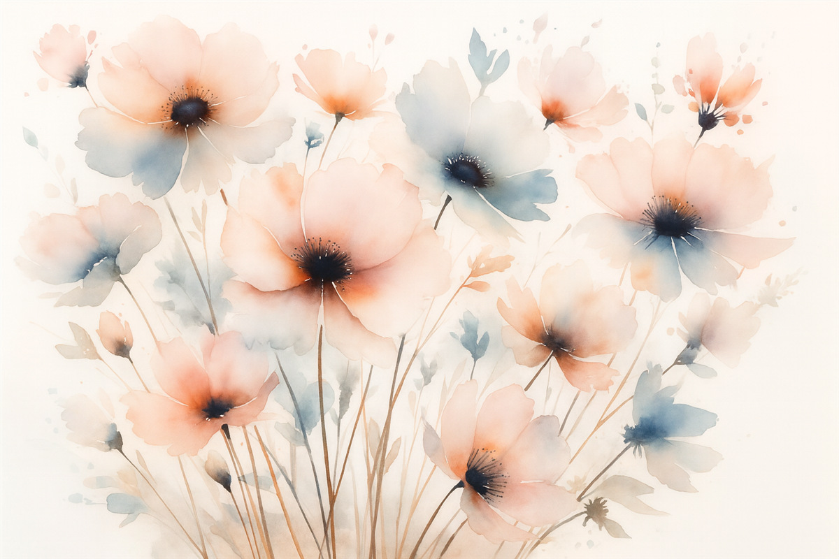 Fototapeta Sylwetki kwiatów przypominające rozmyte farby akwarelowe.