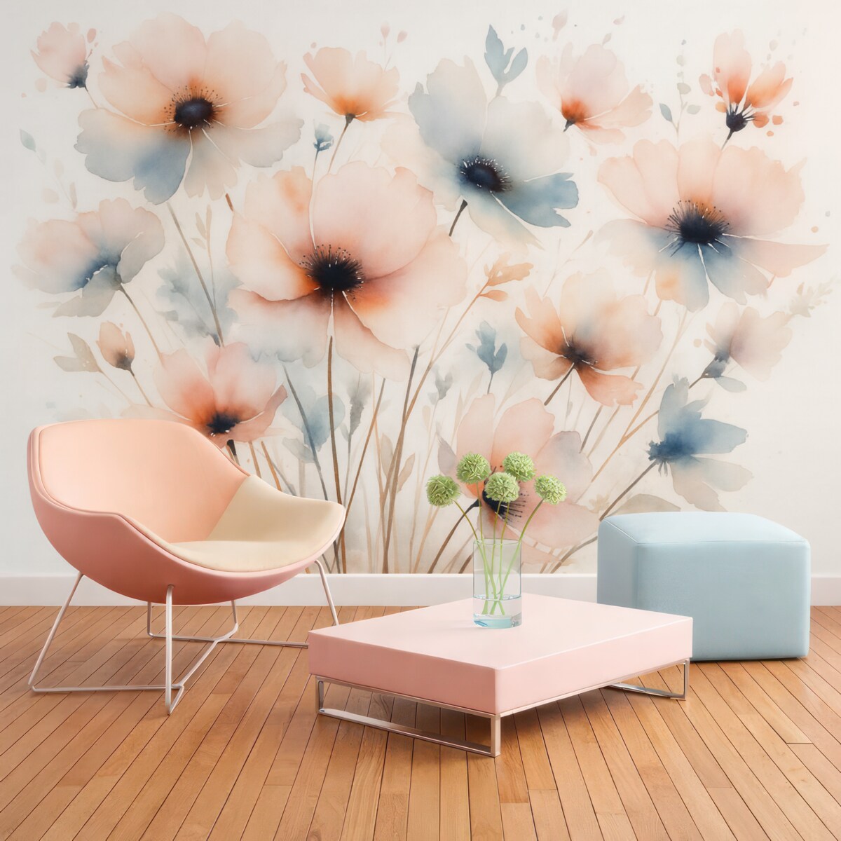 Fototapeta Sylwetki kwiatów przypominające rozmyte farby akwarelowe.