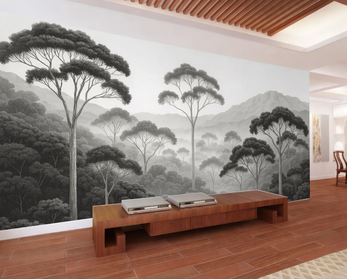 Fototapeta Dżungla, szczyty gór, tropikalny klimat, przyroda, wysokie drzewa, ciemnoniebieskie odcienie.