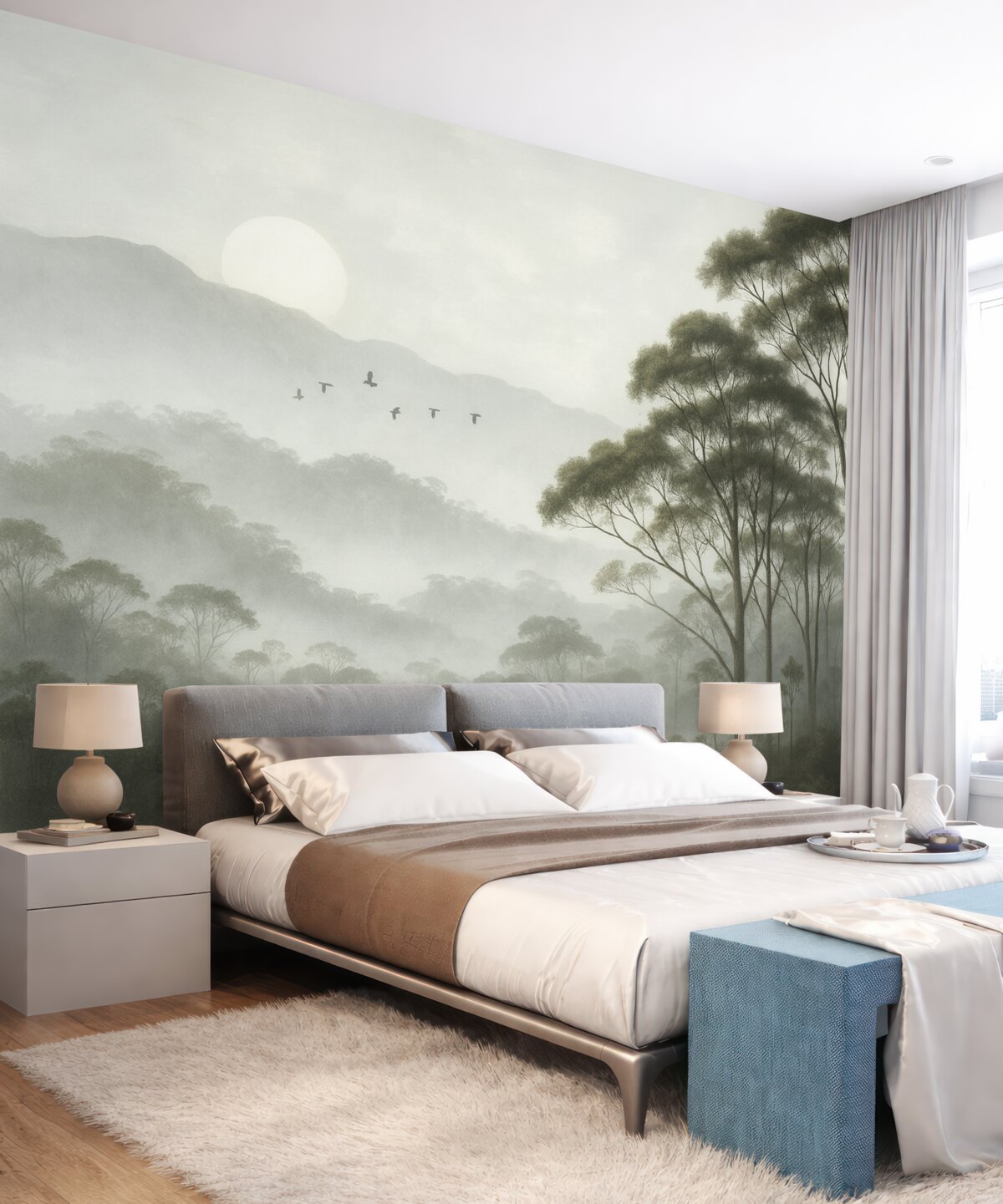 Fototapeta Drzewa w mgle, pejzaże przyrody, ptaki, promienie słońca, zielone barwy.