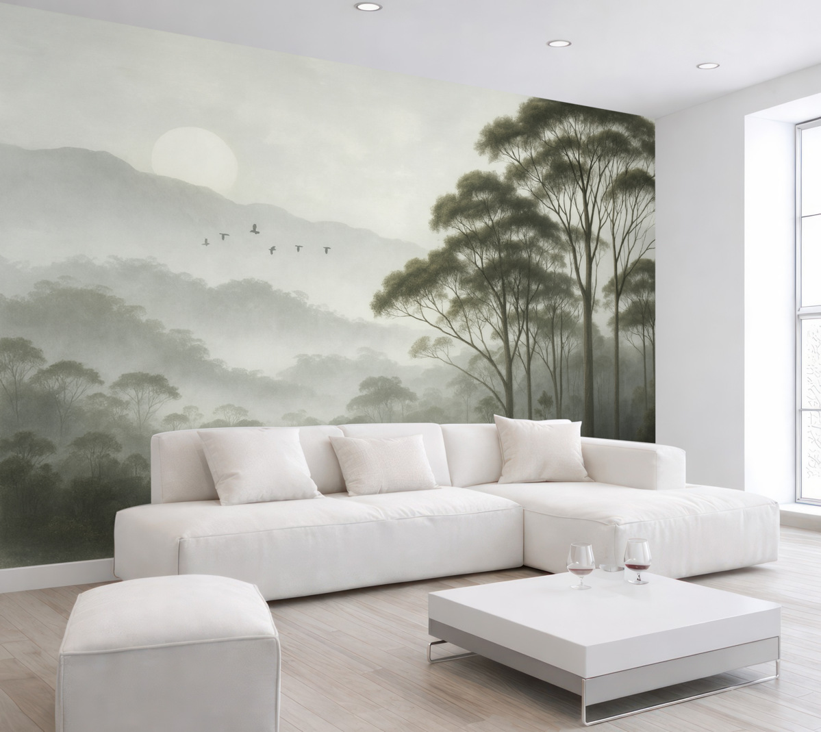 Fototapeta Drzewa w mgle, pejzaże przyrody, ptaki, promienie słońca, zielone barwy.