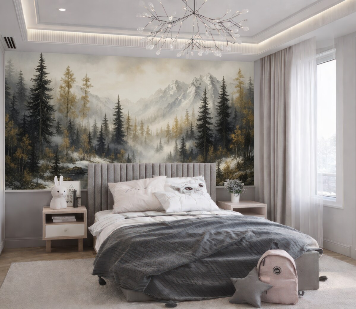 Fototapeta Zimowy pejzaż z jeziorem oraz lasem, góry, pastelowy styl rysunku.