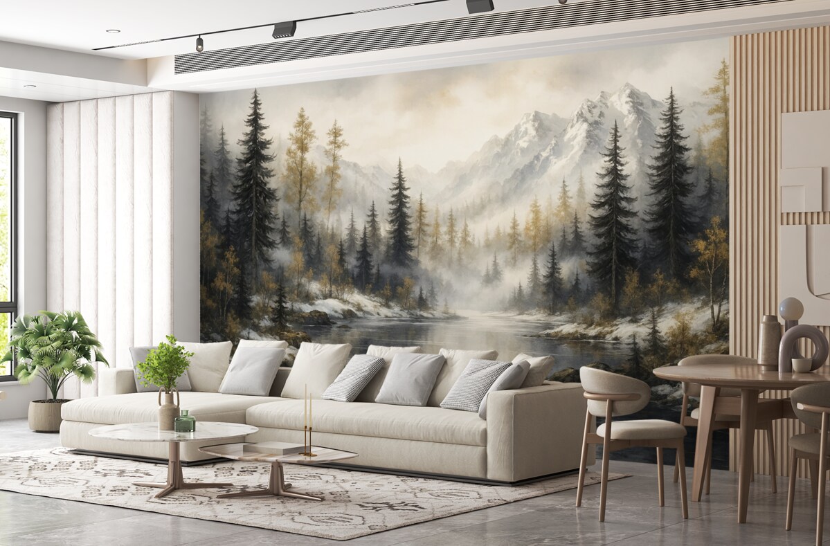 Fototapeta Zimowy pejzaż z jeziorem oraz lasem, góry, pastelowy styl rysunku.