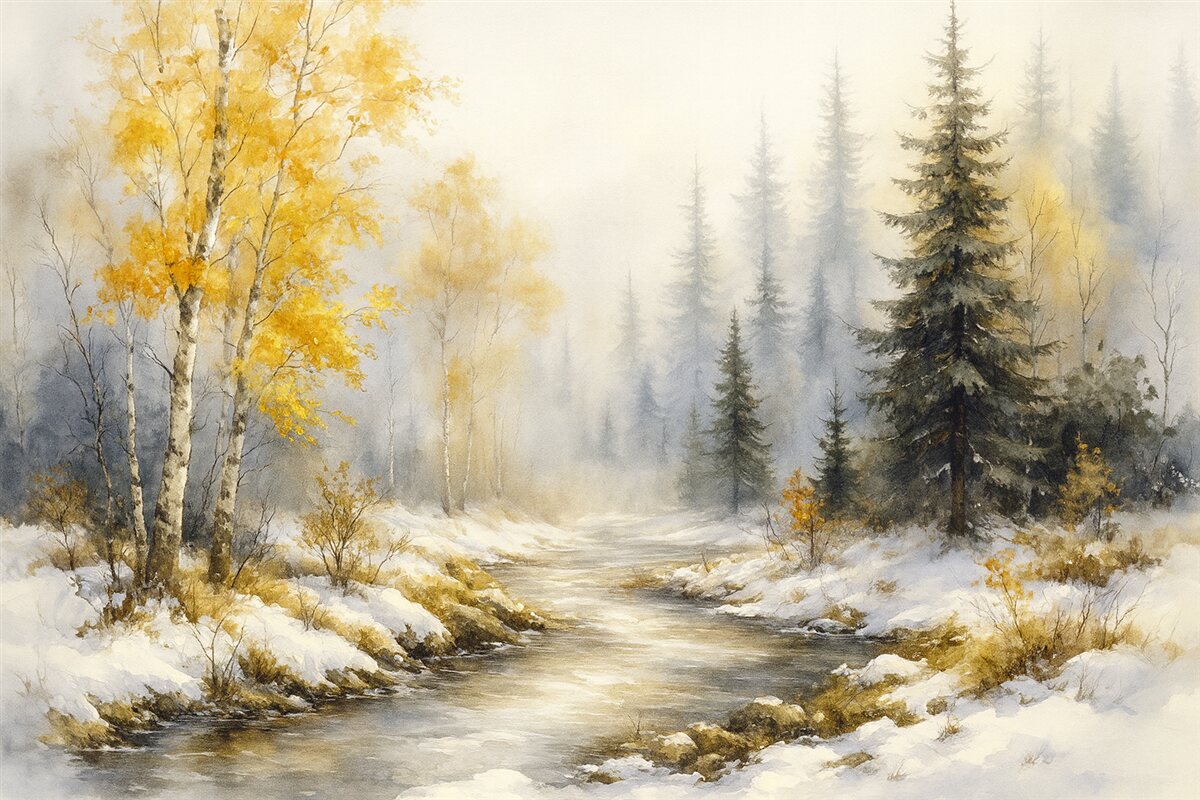 Fototapeta Zimowy las, białe brzozy, sosny, strumień, mgiełka, delikatne kolory.