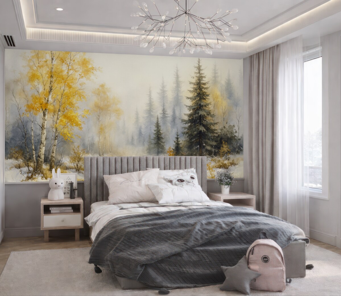 Fototapeta Zimowy las, białe brzozy, sosny, strumień, mgiełka, delikatne kolory.