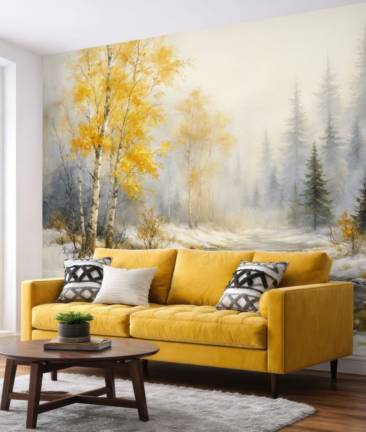 Fototapeta Zimowy las, białe brzozy, sosny, strumień, mgiełka, delikatne kolory.