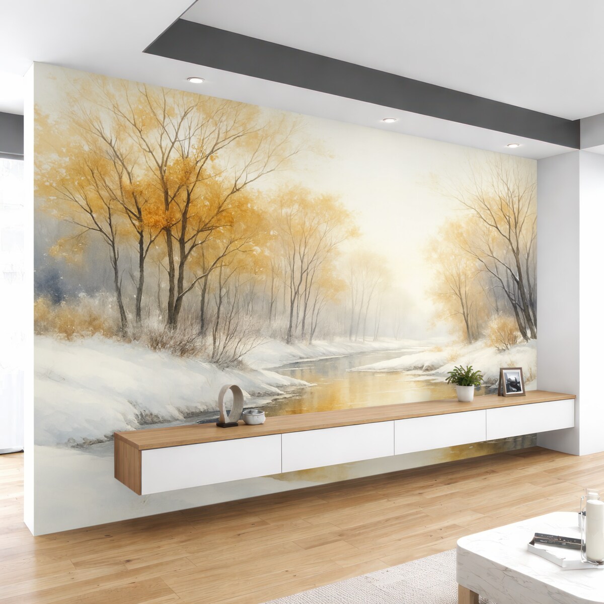 Fototapeta Zimowy widok rzeki z lasem, ilustracja w technice akwareli.