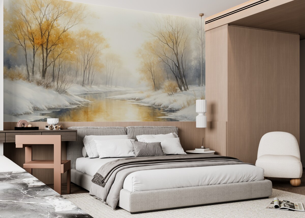 Fototapeta Zimowy widok rzeki z lasem, ilustracja w technice akwareli.