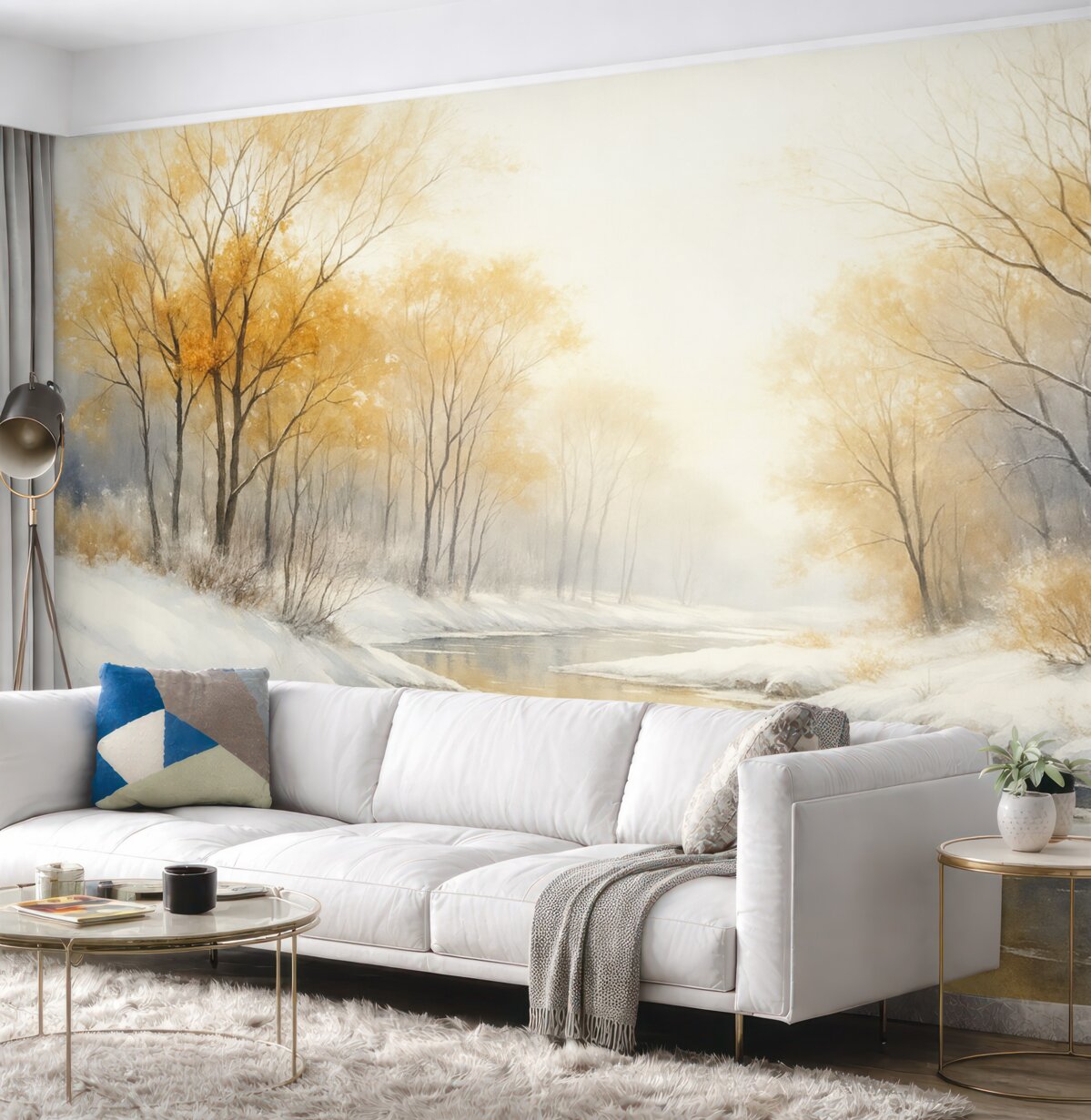 Fototapeta Zimowy widok rzeki z lasem, ilustracja w technice akwareli.