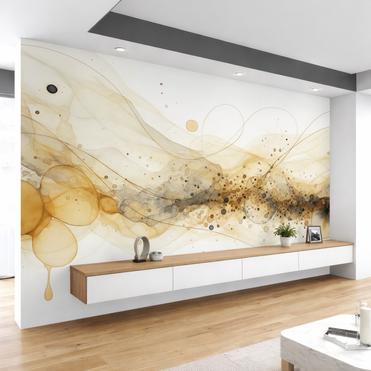 Fototapeta Abstrakcyjna grafika w tuszu, płynny sposób, beżowa gama kolorów.