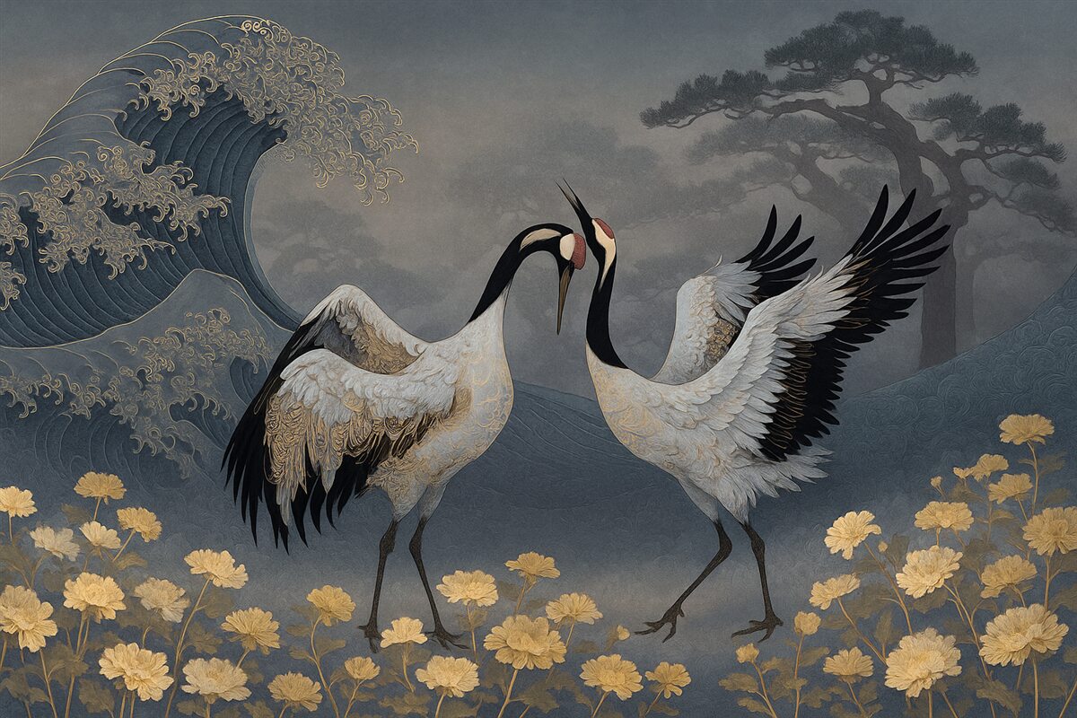 Fototapeta Żurawie, drzewa oraz fale z akcentami w stylu chińskim.