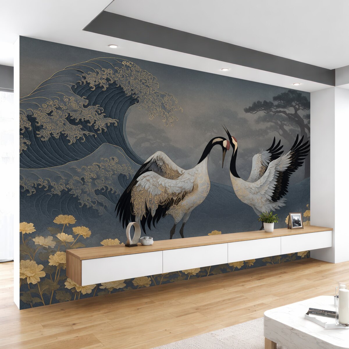 Fototapeta Żurawie, drzewa oraz fale z akcentami w stylu chińskim.