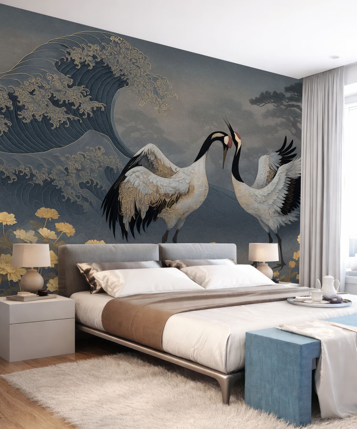 Fototapeta Żurawie, drzewa oraz fale z akcentami w stylu chińskim.