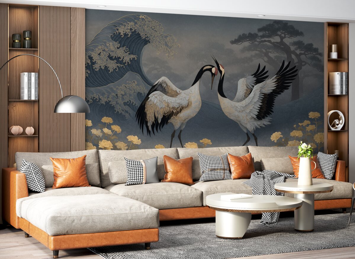 Fototapeta Żurawie, drzewa oraz fale z akcentami w stylu chińskim.