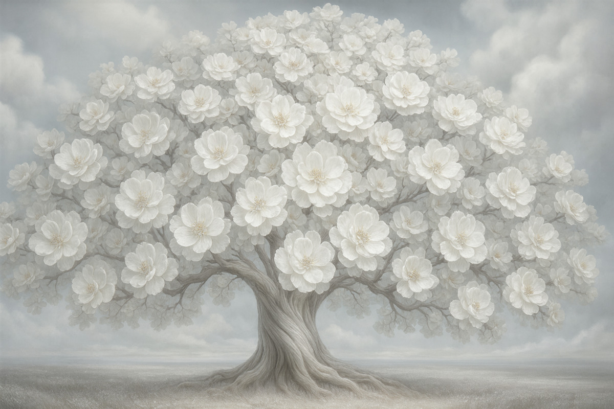 Fototapeta Wielkie drzewo w kwiatach z niebem w tle.