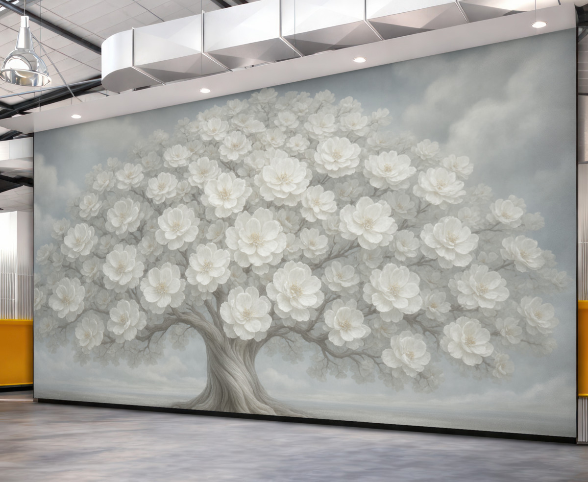 Fototapeta Wielkie drzewo w kwiatach z niebem w tle.